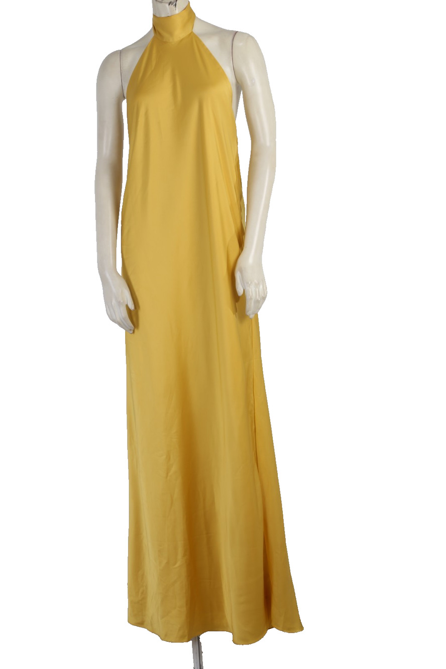 VTCH Yellow Silk Halter Neck Maxi Dress Backless Prom Wedding Guest Gown Size M